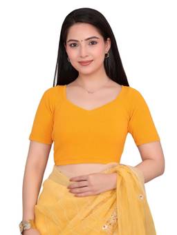 MLADA - Women Sweetheart Neck Half Sleeves Solid Cotton Mustard Stitched Blouse