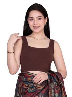 MLADA - Women Square Neck Sleeveless Solid Cotton Brown Stitched Blouse