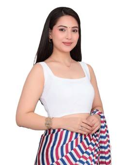 MLADA - Women Square Neck Sleeveless Solid Cotton White Stitched Blouse