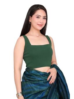 MLADA - Women Square Neck Sleeveless Solid Cotton Green Stitched Blouse