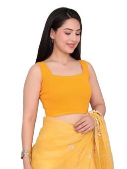 MLADA - Women Square Neck Sleeveless Solid Cotton Mustard Stitched Blouse