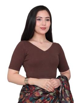 MLADA - Women Pointed V-Neck Relaxed Fit Cotton Ethnic Brown Stitched Blouse