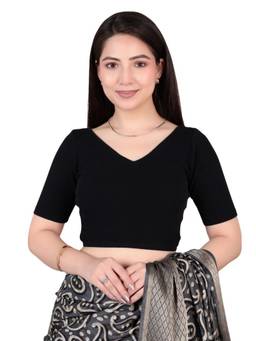 MLADA - Women Pointed V-Neck Relaxed Fit Cotton Ethnic Black Stitched Blouse