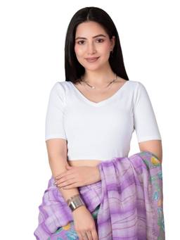 MLADA - Women Pointed V-Neck Relaxed Fit Cotton Ethnic White Stitched Blouse