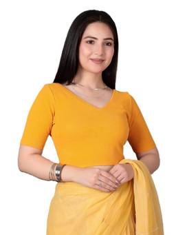 MLADA - Women Pointed V-Neck Relaxed Fit Cotton Ethnic Mustard Stitched Blouse