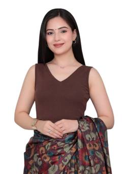 MLADA - Women V-Neck Sleeveless Solid Cotton Brown Stitched Blouse