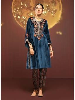Lakshita - Faha Teal Embroidered Velvet Kurta With Pant And Dupatta
