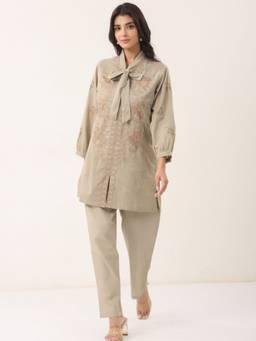 Zolo Label - Women Grey Embroidered Bow Neck Shirt Style Co-Ord Set