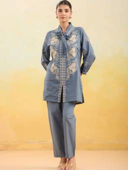 Zolo Label - Women Blue Floral Embroidered Shirt Collar Co-Ord Set
