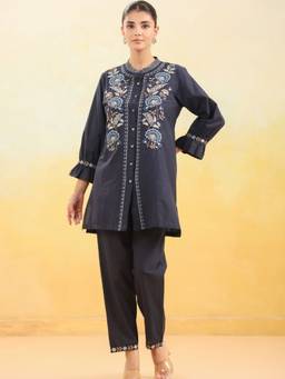 Zolo Label - Women Navy Blue Floral Embroidered Straight Co-Ord Set