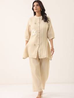 Zolo Label - Women Cream Striped Floral Embroidered Co-Ord Set