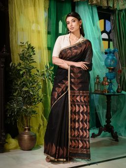 CHARUKRITI - Black Matka Handwoven Soft Saree With Geometric Border with Unstitched Blouse