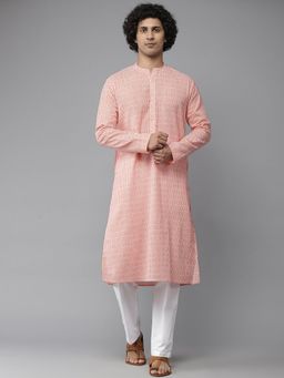 See Designs - Men Peach Coloured & White Printed Cotton Kurta