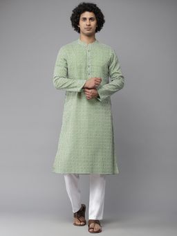 See Designs - Men Green Coloured & White Printed Cotton Kurta
