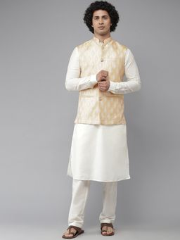 See Designs - Men Gold & White Solid Kurta Pyjamas With Nehru Jacket (Set of 3)