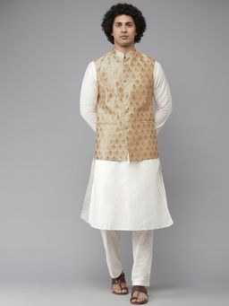 See Designs - Men Gold & White Solid Kurta Pyjamas With Nehru Jacket (Set of 3)