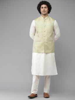 See Designs - Men Green & White Solid Kurta Pyjamas With Nehru Jacket (Set of 3)