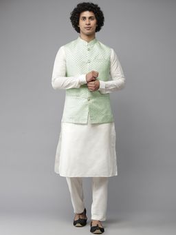 See Designs - Men Sap Green & White Solid Kurta Pyjamas With Nehru Jacket (Set of 3)