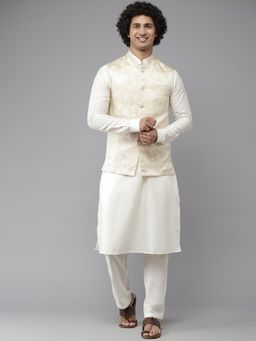 See Designs - Men Gold & White Solid Kurta Pyjamas With Nehru Jacket (Set of 3)