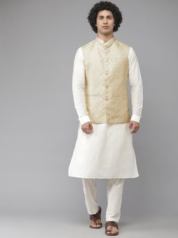 See Designs - Men Gold & White Solid Kurta Pyjamas With Nehru Jacket (Set of 3)