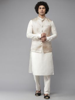 See Designs - Men Gold & White Solid Kurta Pyjamas With Nehru Jacket (Set of 3)