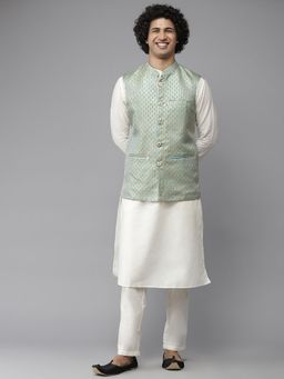 See Designs - Men Sea Green & White Solid Kurta Pyjamas With Nehru Jacket (Set of 3)