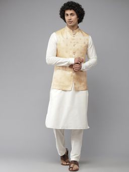 See Designs - Men Gold & White Solid Kurta Pyjamas With Nehru Jacket (Set of 3)