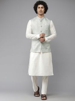 See Designs - Men Aqua Blue & White Solid Kurta Pyjamas With Nehru Jacket (Set of 3)