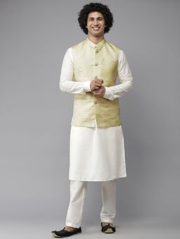 See Designs - Men Lime Yellow & White Solid Kurta Pyjamas With Nehru Jacket (Set of 3)