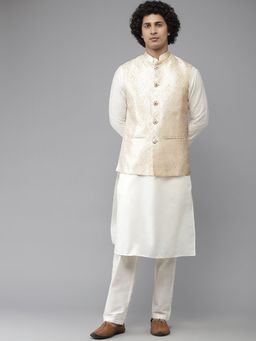 See Designs - Men Gold & White Woven Jacquard Nehru Jacket