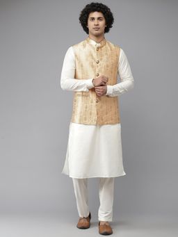 See Designs - Men Gold & White Woven Jacquard Nehru Jacket