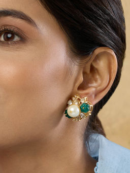 Indinoor - Tavira Green Kundan Stone and Pearl Stud Earrings