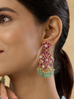 Indinoor - Zovika Pink and Green Kundan Dangler Earrings