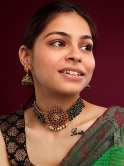 STILEADDA - Precious Gold Plated Green Ganapati Hydra Beads Choker Set