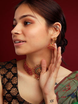 STILEADDA - Precious Gold Plated Red Ganapati Hydra Beads Choker Set