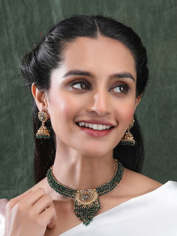 STILEADDA - Gold Plated Green Beads and Stone Hydra Necklace Set