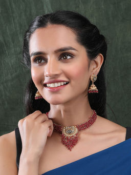 STILEADDA - Gold Plated Pink Beads and Stone Hydra Necklace Set