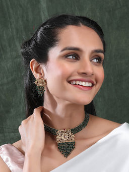 STILEADDA - Gold Plated Green Peacock Beads and Stone Hydra Necklace Set