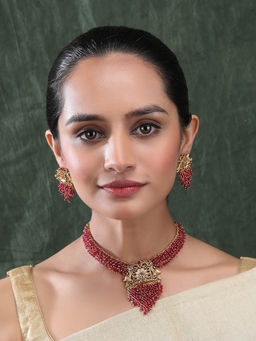 STILEADDA - Gold Plated Rani Pink Peacock Beads and Stone Hydra Necklace Set