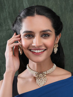 STILEADDA - Gold Plated Peacock White Beads and Stone Hydra Necklace Set