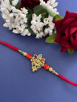 Digital Dress Room - Tribal Flower Rakhi Designs Silver Plated Studded Stones & Beads Red Rakshasutra
