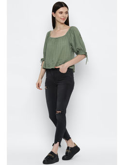 American Eagle - Women Green Wide Neck Puff-sleeve Blouse