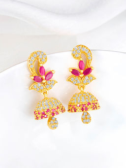 Peora - Gold Plated Pink Cubic Zirconia Studded Jhumki Earrings