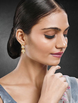 Peora - Gold Plated White Synthetic Stone Studded Floral Jhumki Earrings