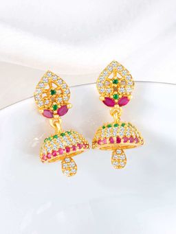 Peora - Gold Plated Cz and Multi-Color Synthetic Stone Studded Jhumki Earrings