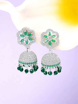 Peora - Silver Plated Cubic Zirconia and Green Beads Studded Jhumki Earrings