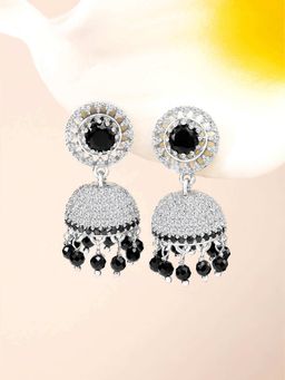Peora - Silver Plated Cz Black Crystal and Beads Studded Jhumki Earrings
