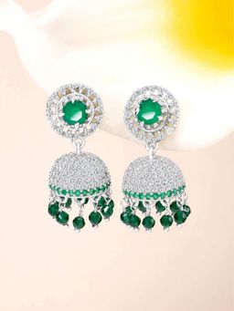 Peora - Silver Plated Cz Green Crystal and Beads Studded Jhumki Earrings