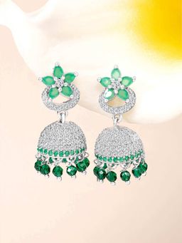 Peora - Silver Plated Cubic Zirconia and Green Beads Studded Jhumki Earrings