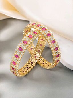 Peora - Gold Plated Rani Pink Cubic Zirconia Studded Bangle Set (2.6)